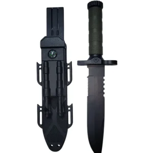 Cuchillo Tactico 2558b Supervivencia Pedernal Piedra Brujula - Negro Y Verde Oliva