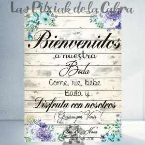 Bienvenidos boda flores azules